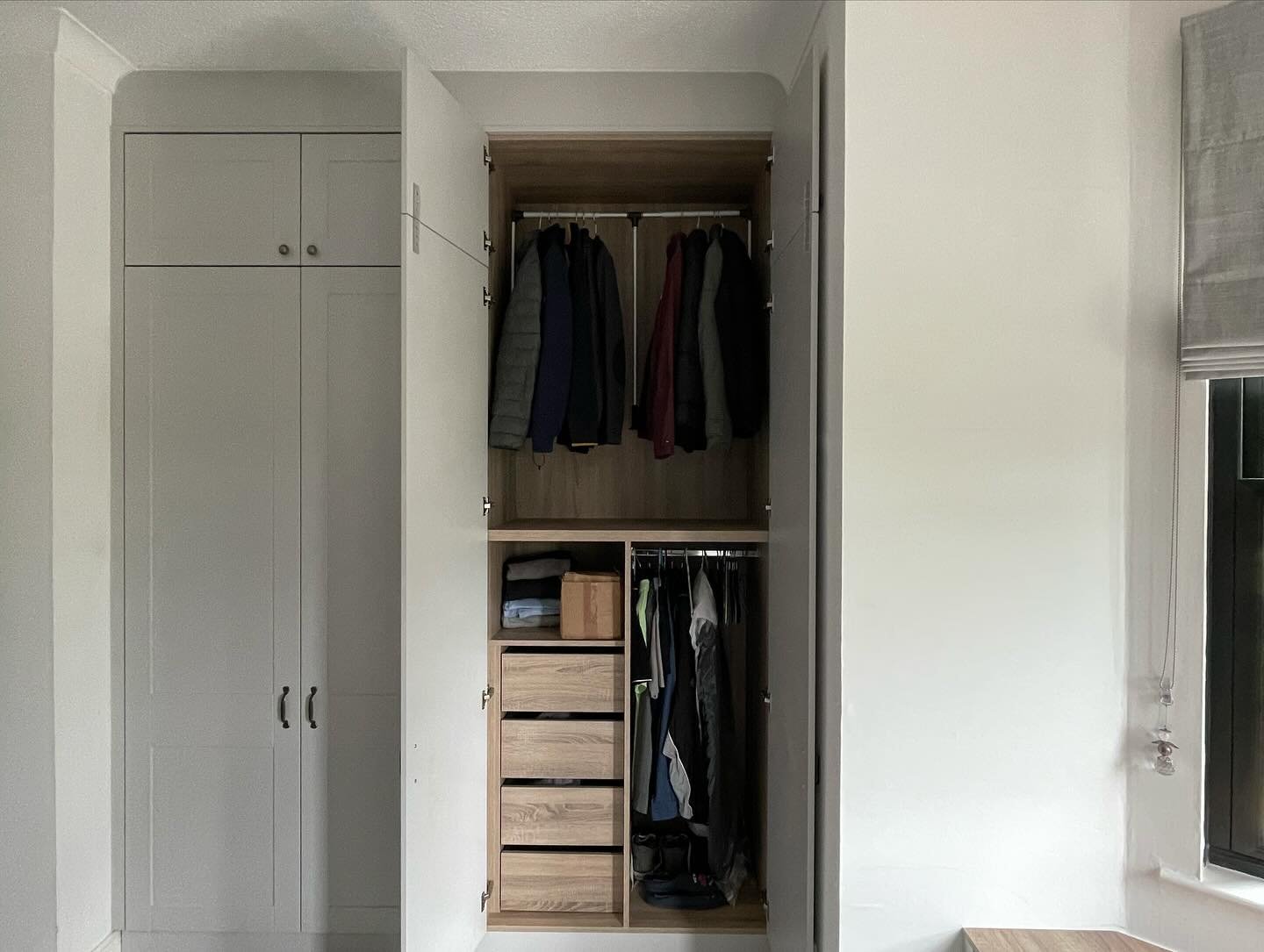 Light Grey Shaker Wardrobes with Oak Interior & Window Seat Storage image 3