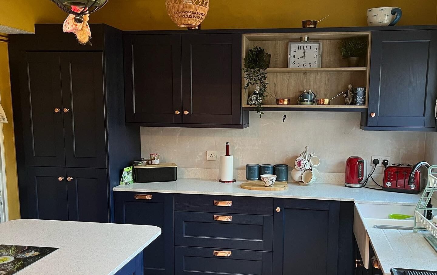Bastille Door in Marine Blue with Starlite White Quartz Worktops & Double Belfast Sink | Dublin hero