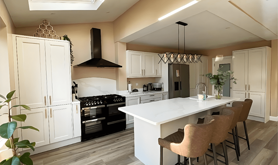 Shaker One-Wall Fitted Kitchen with Island and Quartz