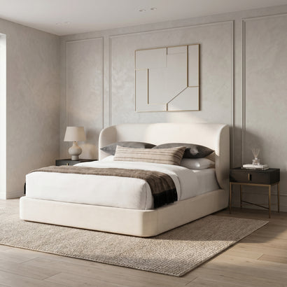 Beige Linen Platform Bed Frame