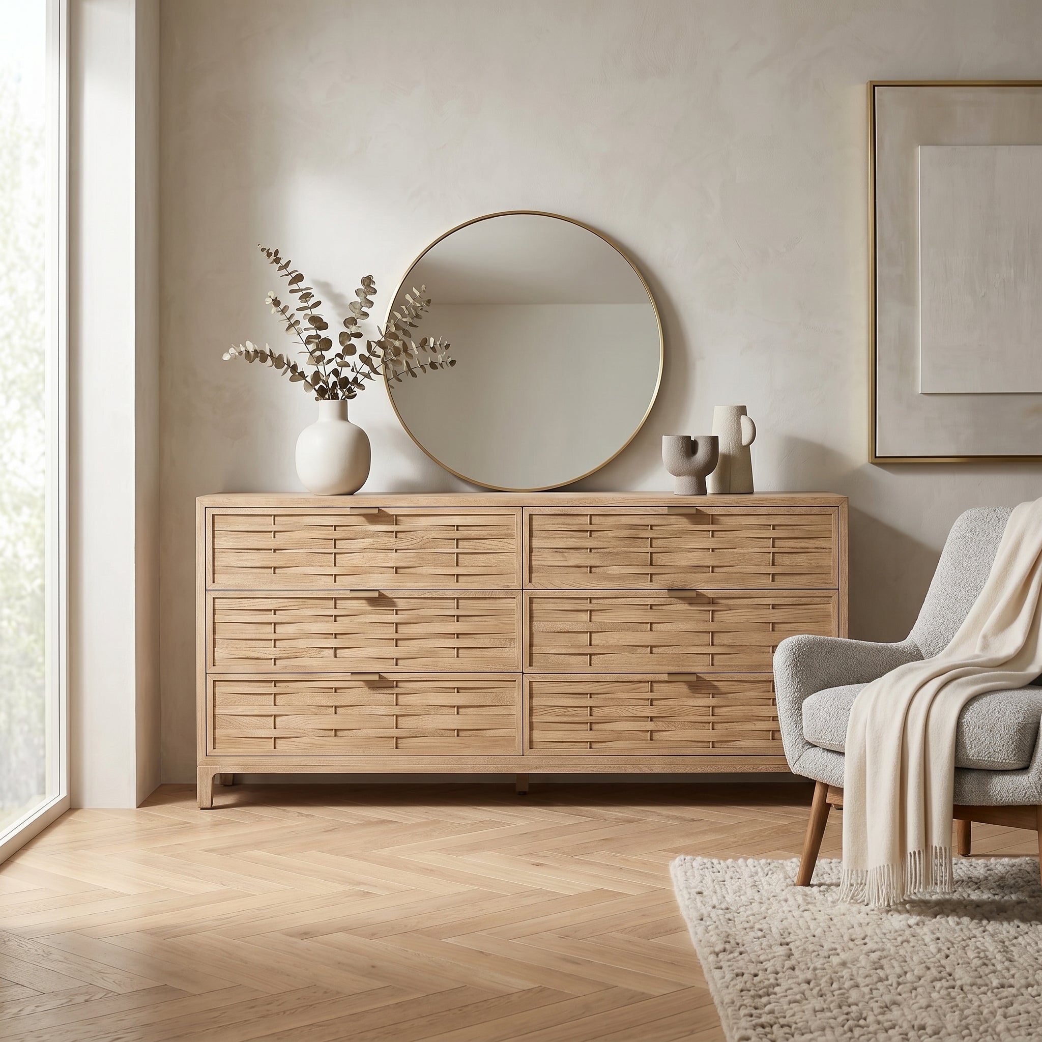 Oak Woven 6-Drawer Dresser