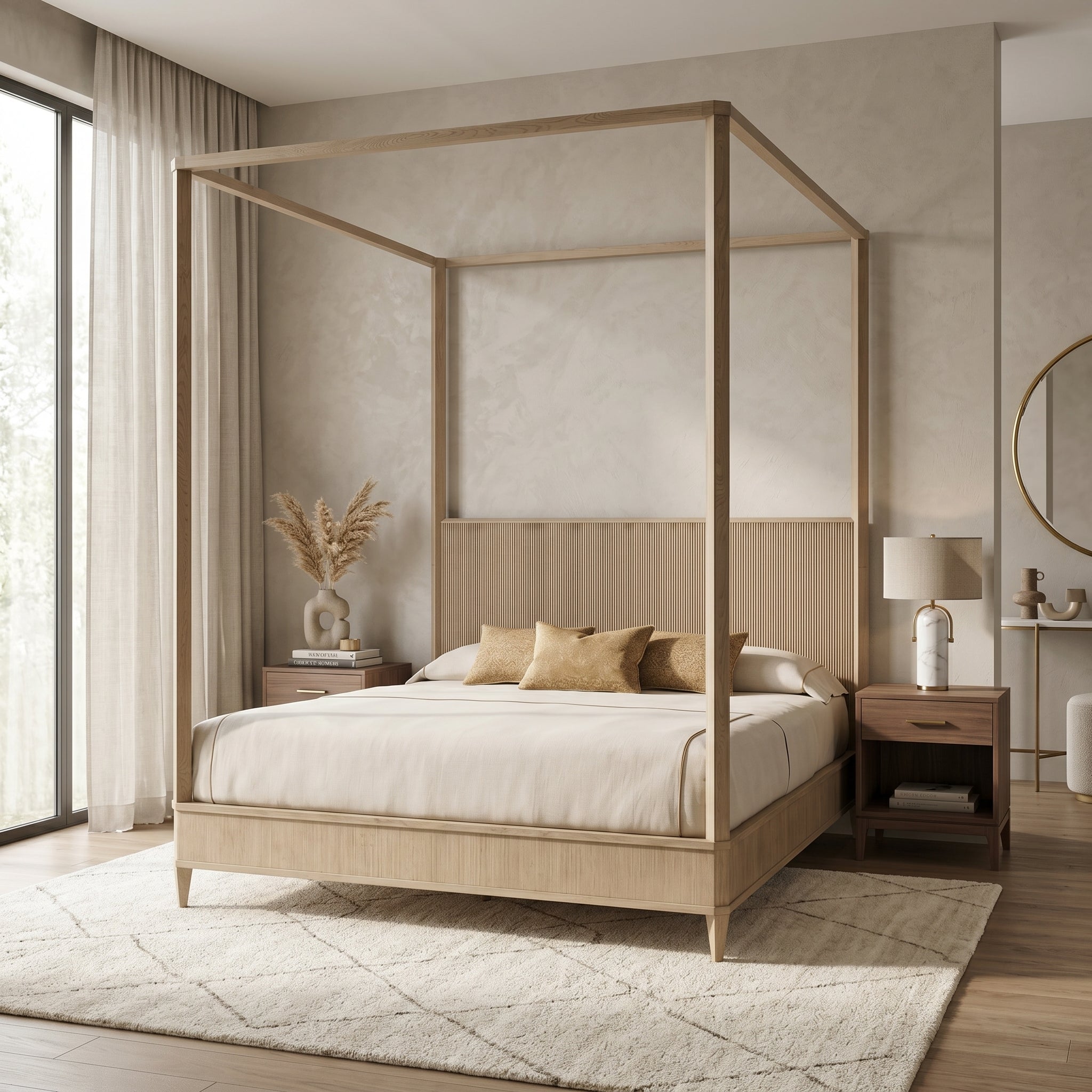 Oak Fluted Canopy Queen Bed Frame