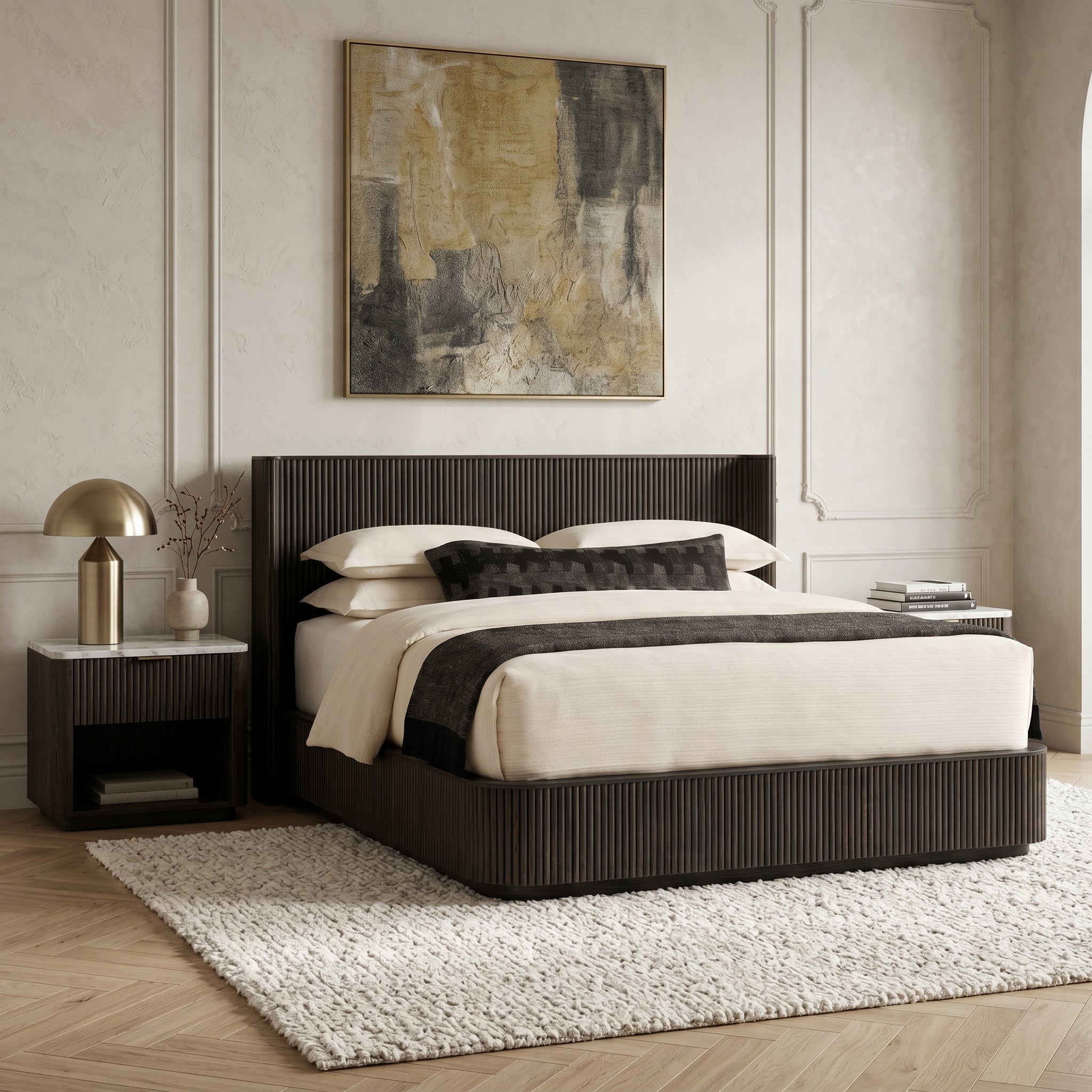 Fluted Dark Wood Bed